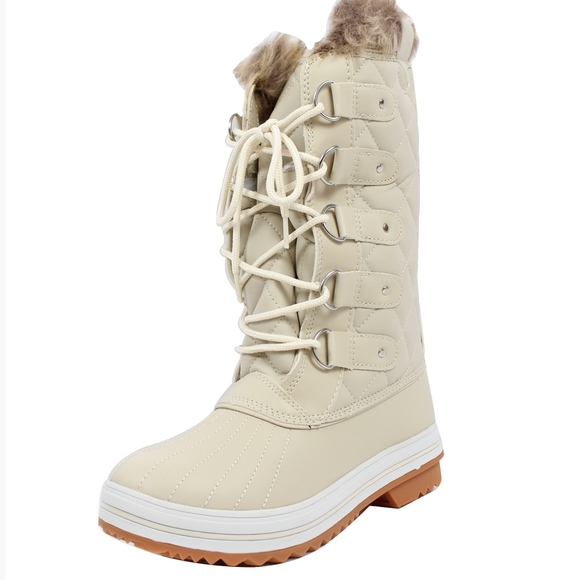 Size 6 Off White Lace Up Quilted Mid Calf Winter Snow Boo - Picture 3 of 9